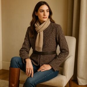 Spencer Jeremy Wool Blend Tweed Jacket Choco Brown Textured Faux‎ Leather Trim M